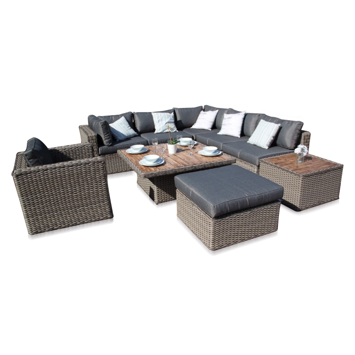 Ascot 9PC Rattan Modular Corner Sofa Dining Daybed Patio Set with Adjustable Table - Whitewash Grey
