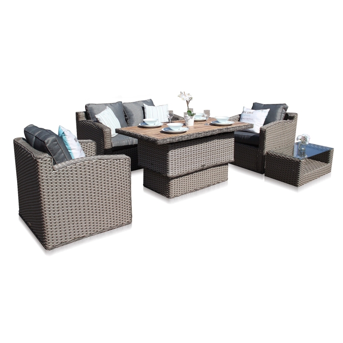 Chelsea 6PC Rattan Sofa Dining Furniture Set Multi-functional Table - Whitewash Grey