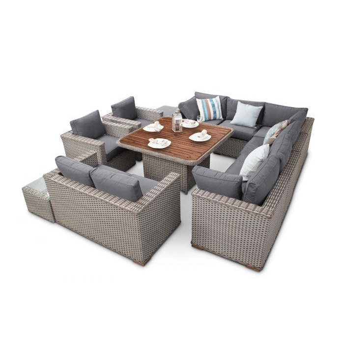 Modular Rattan Sofa Dining Set with Acacia Table - 11PC - Grey Whitewash