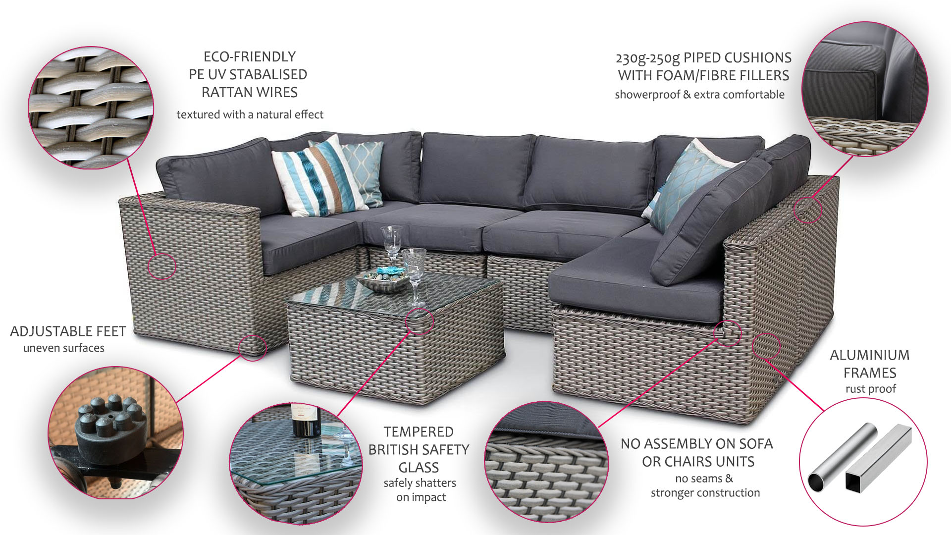 Nova PVC Backed Polyester Waterproof Fitted Outdoor Rattan Garden Furniture Cover for Maze Rattan Half Moon Corner Sofa Set